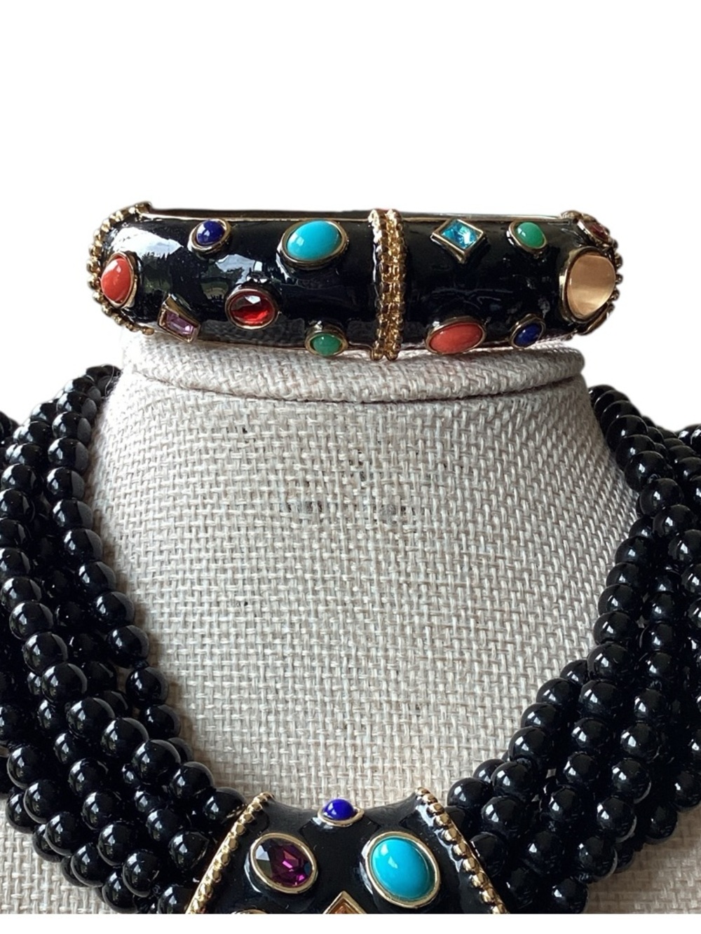 Vintage KJL Black Enamel & Cabochon Bracelet